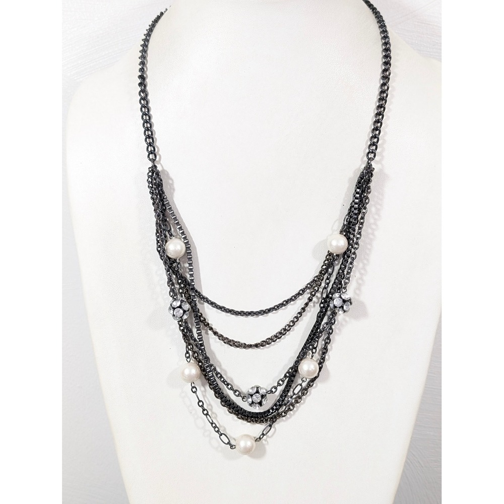 Layered Gunmetal Chain‎ Necklace Crystal Ball Faux Pearl Statement 24"